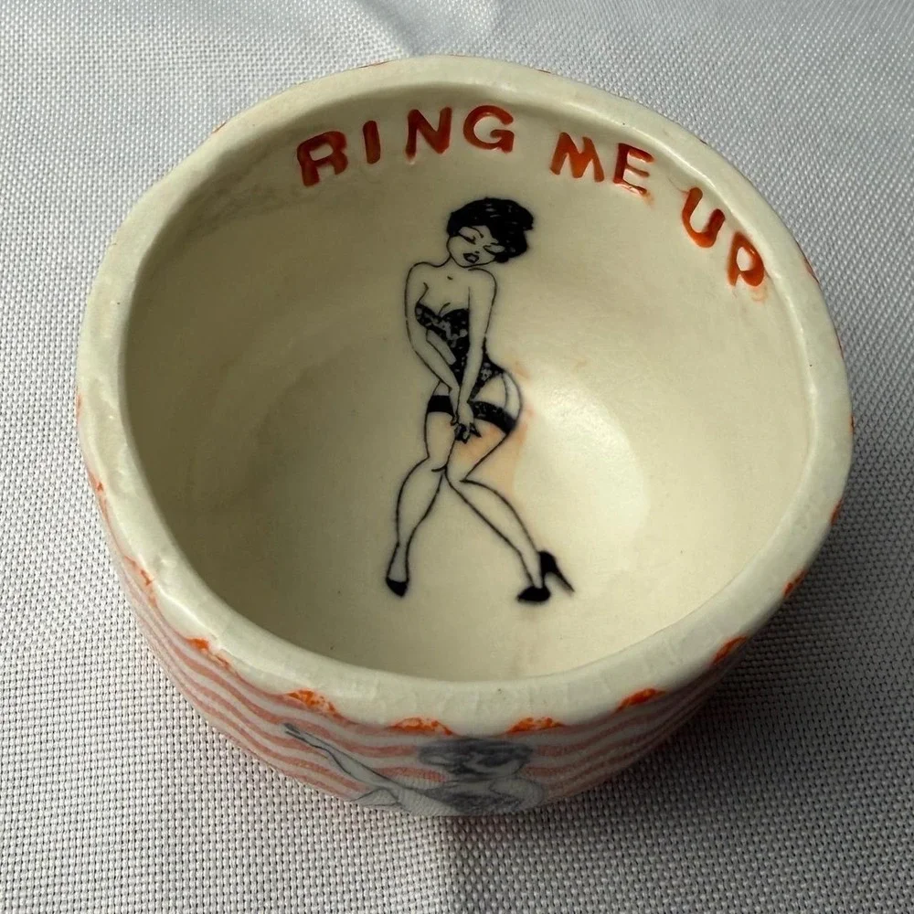 EGB Heart Ring Me Up Pin Up Girl Trinket Dish Tiny Orange Retro Kitsch Bowl 1.5
